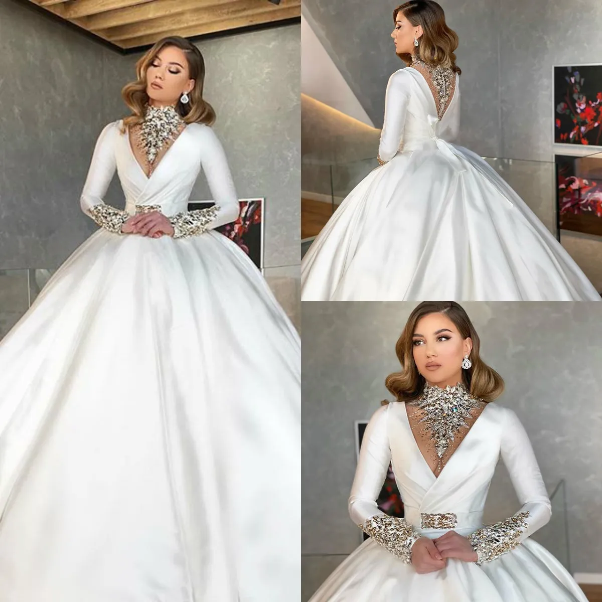 2020 Arabic High Neck Wedding Dresses Satin Crystal Sash Long Sleeve Wedding Dress Sweep Train Custom Made Vestidos De Novia