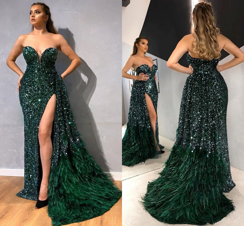 Arabic Sweetheart Dark Green Sequined Feather Sparkly Evening Gown With
