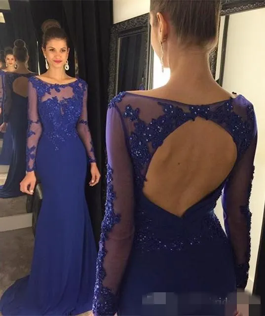 Sexy Hollow Blue Back Evening Dresses Mermaid Long Illusion Sleeves Chiffon Sweep Train Scoop Neck Sheer Prom Party Gown Custom Made