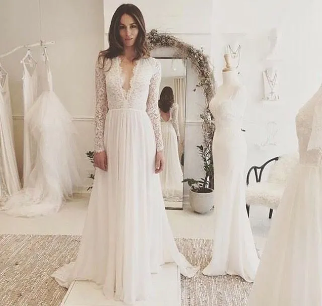 Illusion Lace Chiffon Beach Wedding Maxi Dress For Wedding 2019 Deep V Neck Backless Romantic Bridal Party Gown From Lovemydress 107.85 DHgate.Com