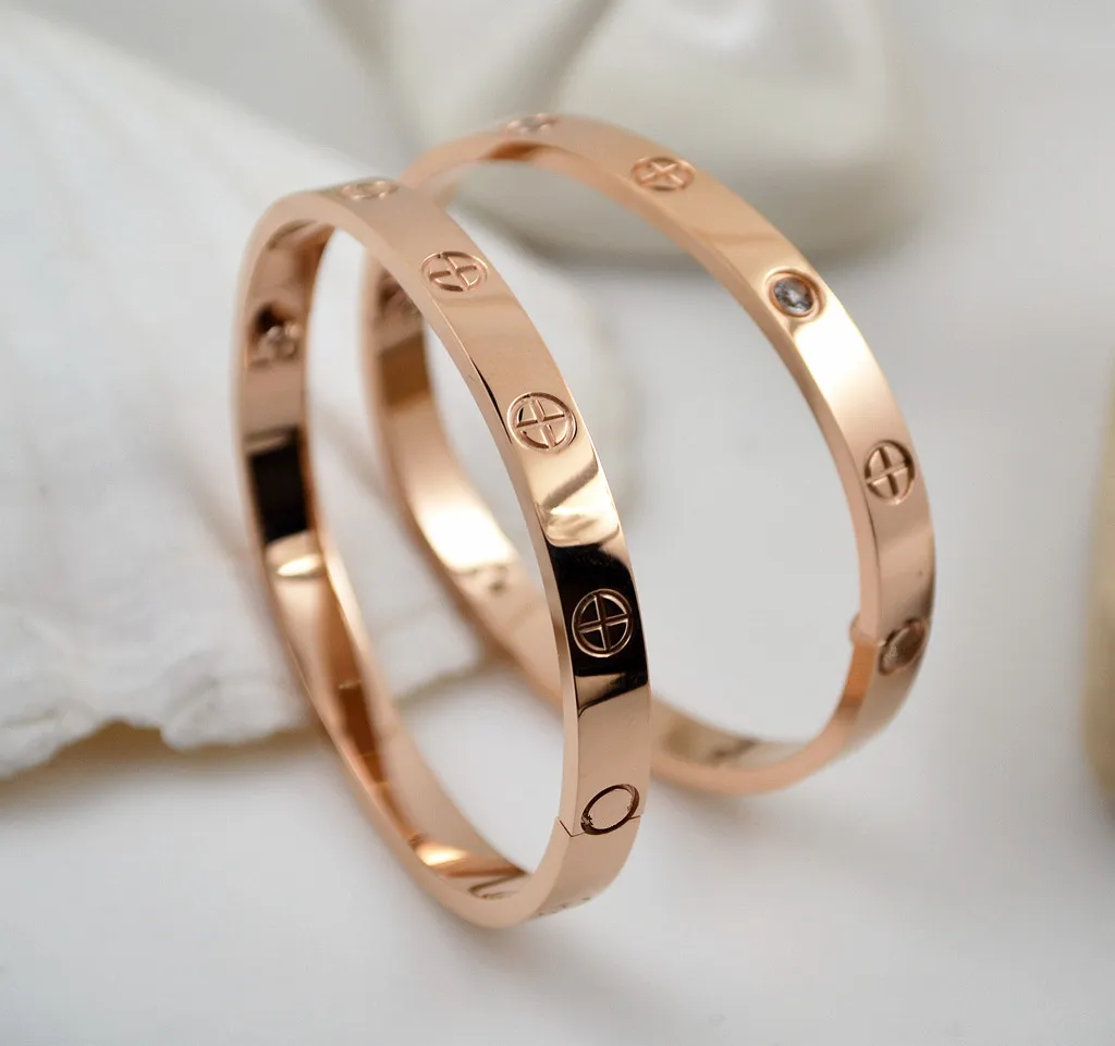 Bracciale rigido a vite in acciaio inossidabile 316L oro rosa con cacciavite e viti in pietra con scatola 8026634