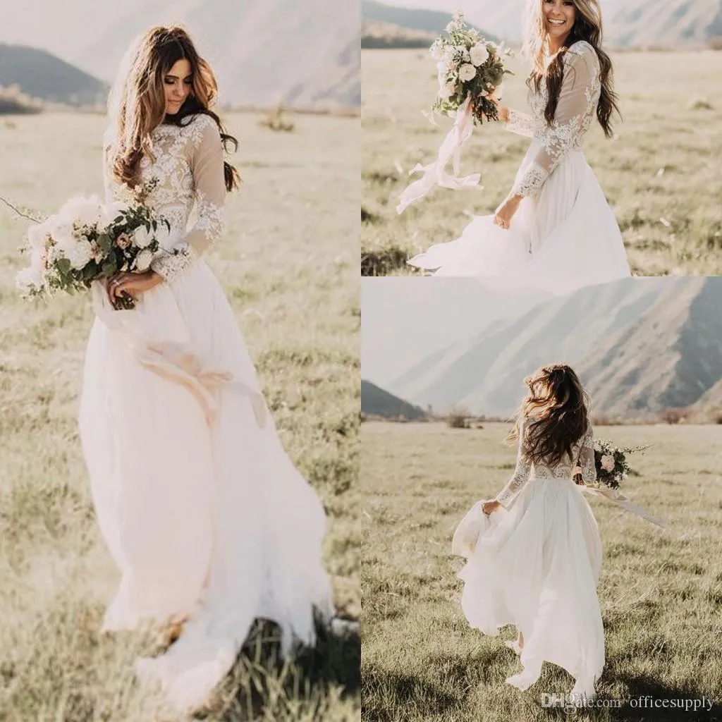 Bohemian Lace Applique Chiffon Wedding Dress Sheer Neck A Line Bridal Gown for Country Wedding Long Sleeves Vestidos De Marriage