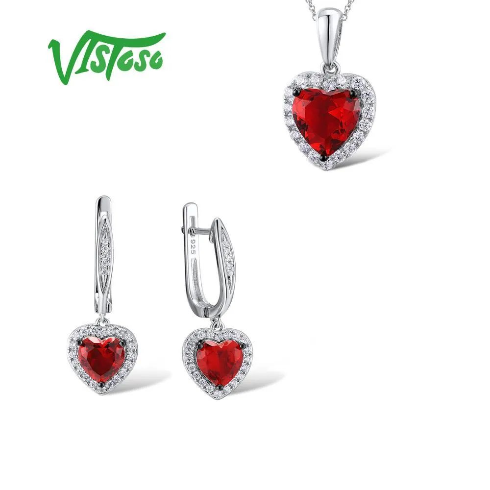 VISTOSO ensembles de bijoux pour femme pierres de cristal rouge ensemble de bijoux coeur boucles d'oreilles pendentif 925 en argent Sterling mode Fine