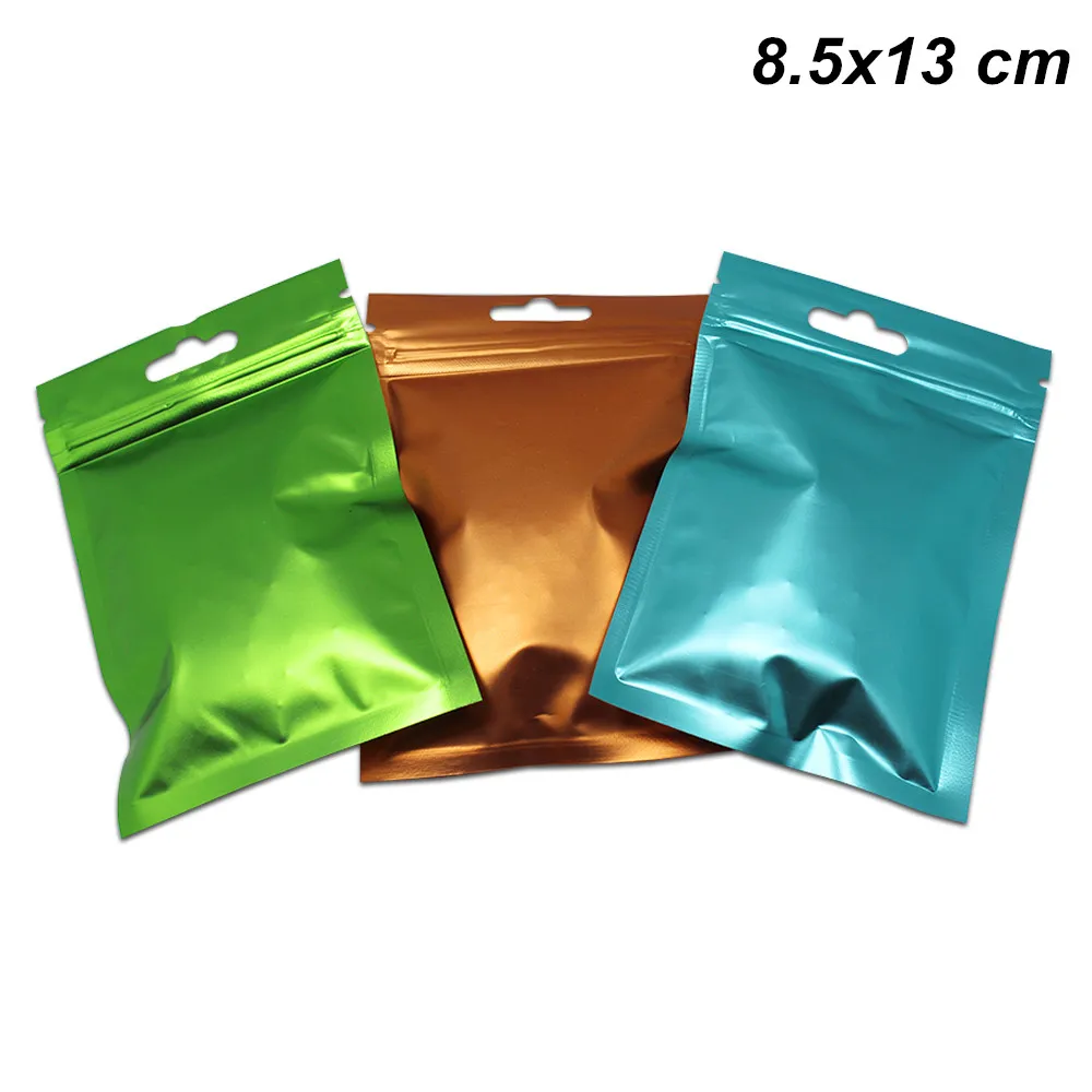 8.5x13 cm Folha de alumínio de zíper front limpar alimentos de longo prazo Saco de armazenamento hang buraco mylar folha para sacos zip recolidos bloqueio de alimentos secos pacote bolsas