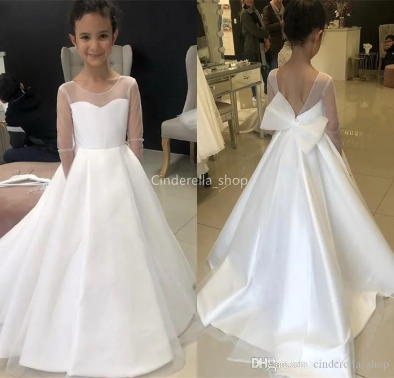 Modest Satin A-Line Flower Girls Dresses Jewel Illusion Half Sleeves First Holy Communion Dresses With Bow Girls Birthday Party Gowns