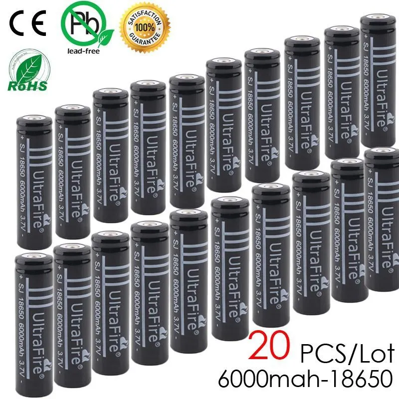 20PCS Lot Ultrafire 18650 Battery 3.7V 6000mAh Rechargeable Li-ion Battery Camera Flashlight Torch Lithium Battery