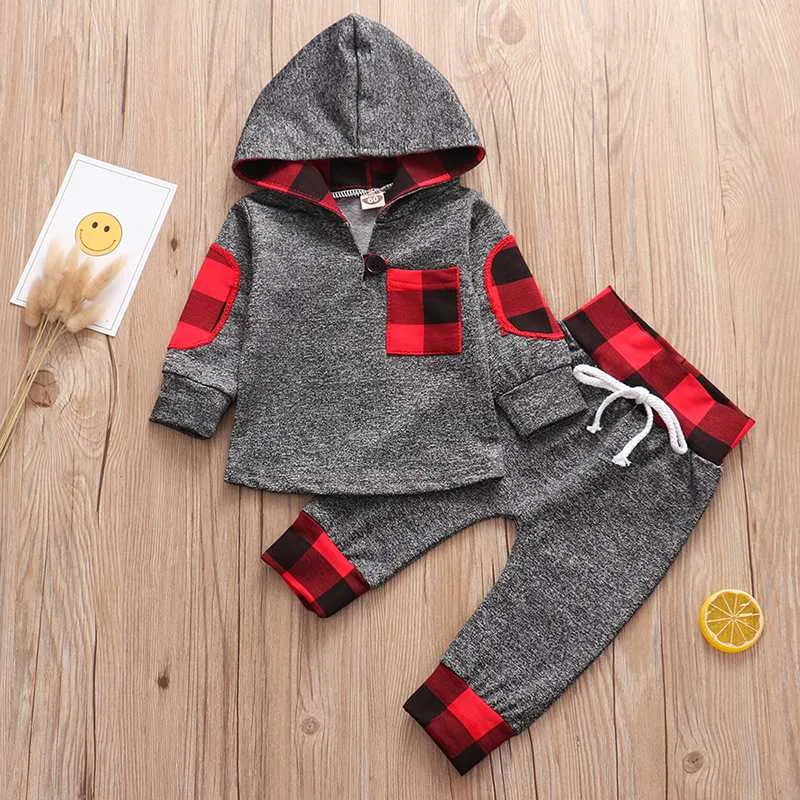 2 stks babyjongens set herfst rode plaid pasgeboren baby outfit katoenen capuchon capuchon topbroek casual peuter kinderkleding pak