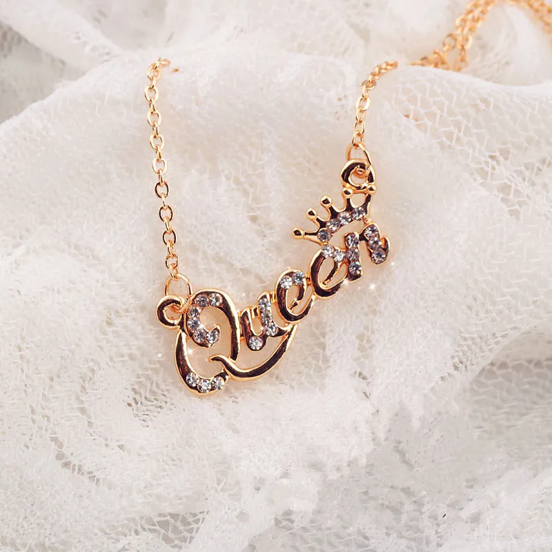 Womens Diamond Necklace Silver Gold Plated Cubic Zirconia Crystal Crown Letter Quuen Pendant Necklace