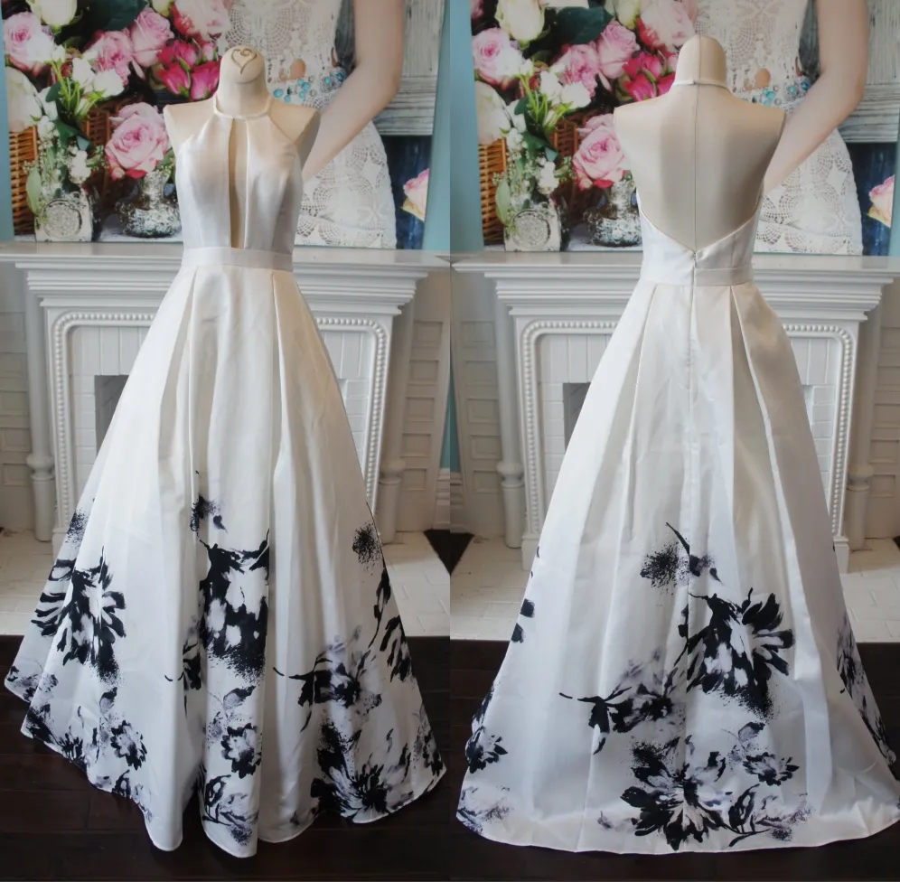 Black/White Print Prom Dresses 2019 A-Line Halter Neck Open Back Formal Event Party Gowns Sweep Train Real Picture Plus Size Ink Painting
