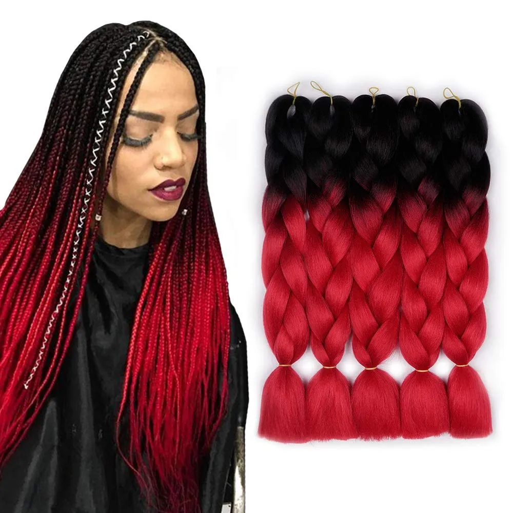 # Synthetic 1B Red Ombre trança extensão do cabelo Kanekalon fibra de torção tranças, Jumbo 2 Tone Box tranças 24"