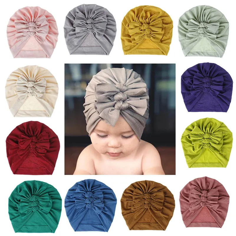 18 Colors Children's hats headband autumn and winter cute soft knitted fabric pleated bow Indian hat baby girls Headbands free ship 3pcs