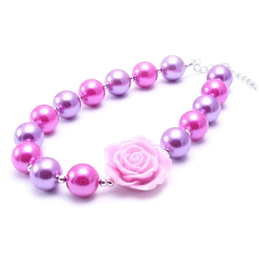 Collar de cuentas de chicle grueso para niñas, collar de perlas púrpura + rosa, collar de flores hecho a mano para niños