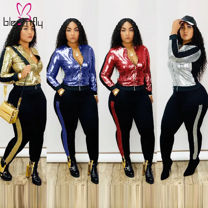 S-3XL Winter Women Set Pełny Rękaw Dres Cekinowane Topy Spodnie Suit Patchwork Dwuczęściowy Zestaw Night Club Party Fall Outfits 2019