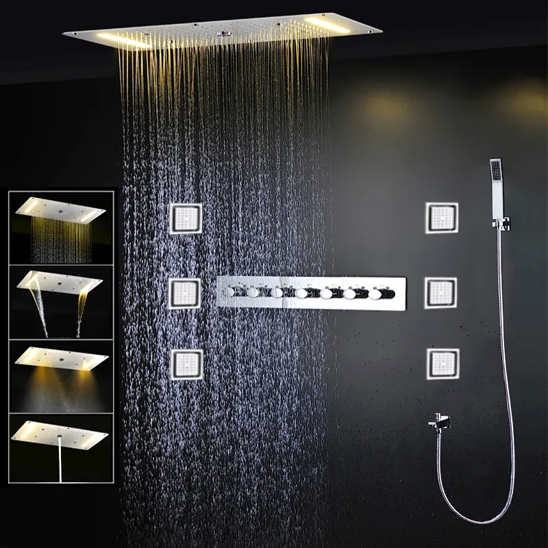 Modernes Badezimmer-Deckenduschset, luxuriöser LED-Wasserfall-Regenduschkopf, 380 x 700 mm, Thermostatarmaturen, Duschmischer mit 4-Zoll-Massage-Körperstrahl