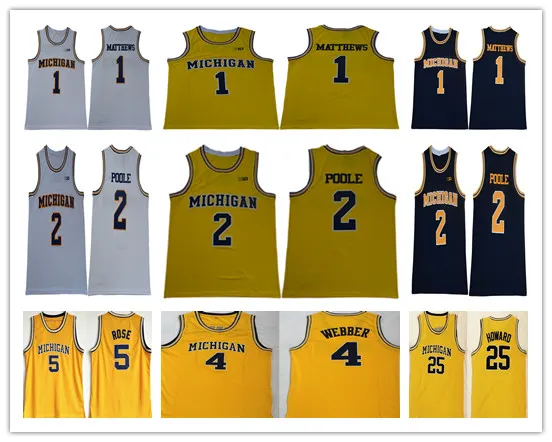 2019 Michigan Wolverines Basketball 1 Charles Matthews 2 Jorda Poole Trikot Herren 5 Jalen Rose 4 Chris Webber 25 Juwan Howard 41 Glen Rice