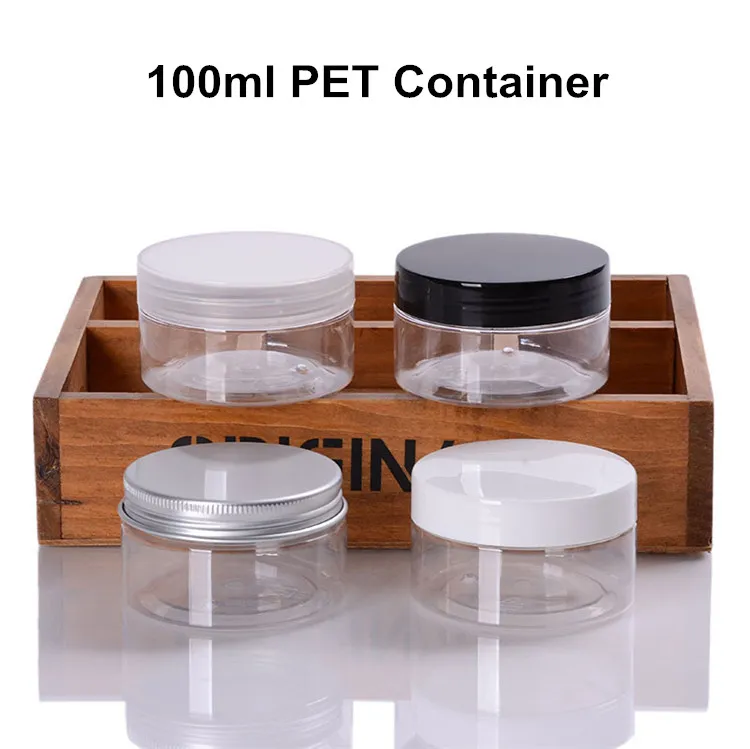 48 X 100ML(3.4OZ) PET Plastic Clear Jar Container Stockage Cosmétique Huile Crème Alimentaire Aluminium/PP Couvercle