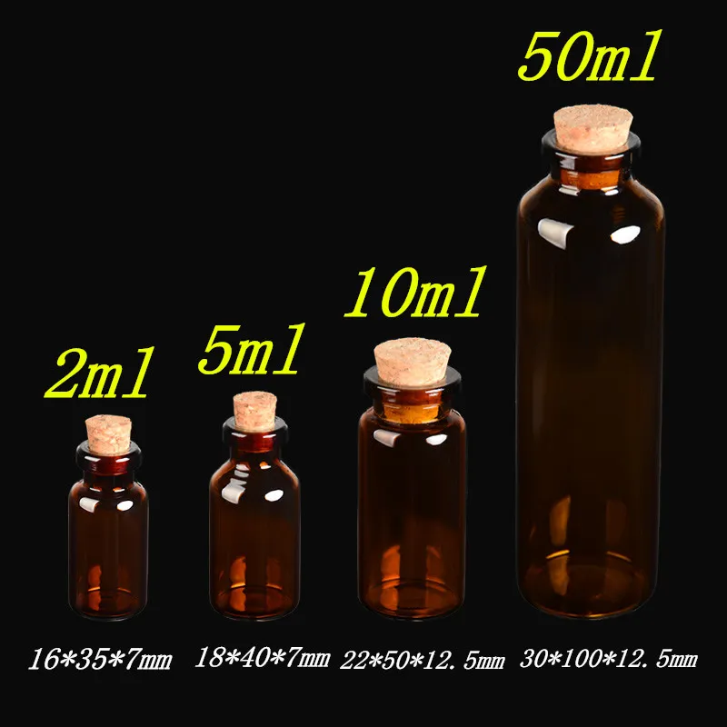 2 ml, 5 ml, 10 ml, 50 ml, bernsteinfarbene Glasfläschchen mit Korken, leere kleine braune kleine Glasgefäße, Mini-Glasflaschen, Fläschchen, Gläser, Behälter, 100 Stück