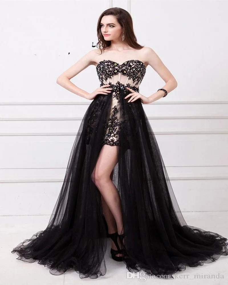 Modern Black Prom Dresses Fashion Party Dresses Evening Gowns Sweetheart Removable Skirt Crystal Dresses Lace Bodycon DH508