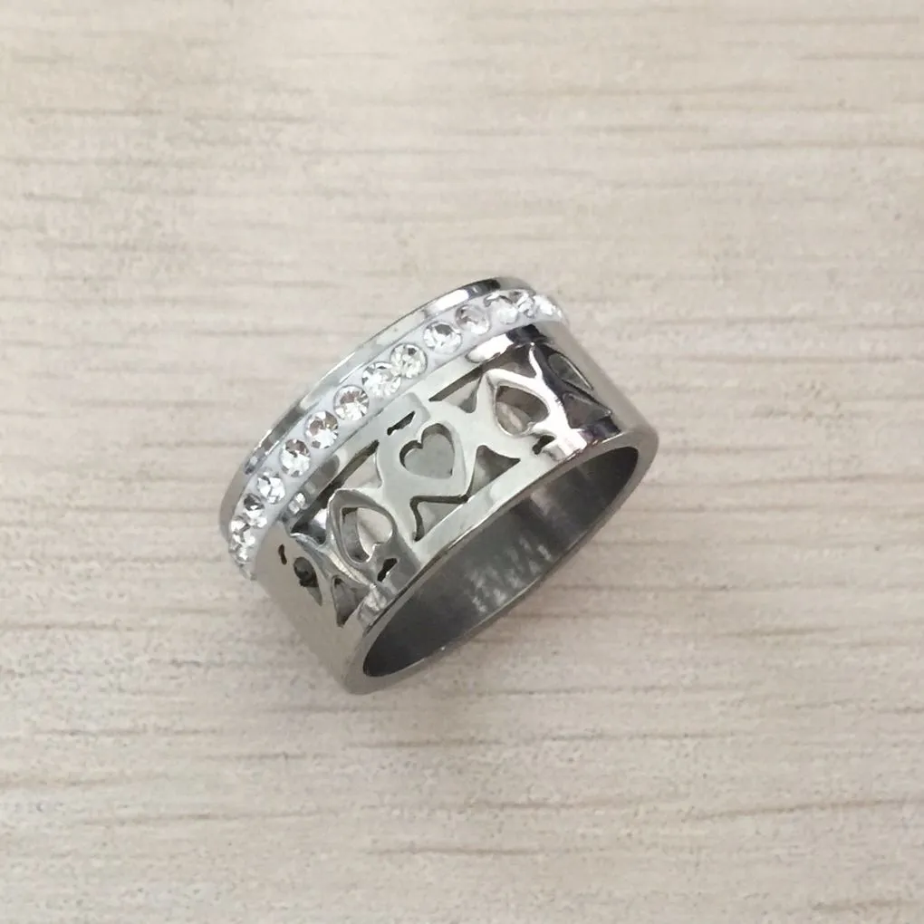 Haute qualité argent 316 titane acier 18K plaqué or blanc coeur cristal creux large 10mm amour bague de mariage hommes femmes