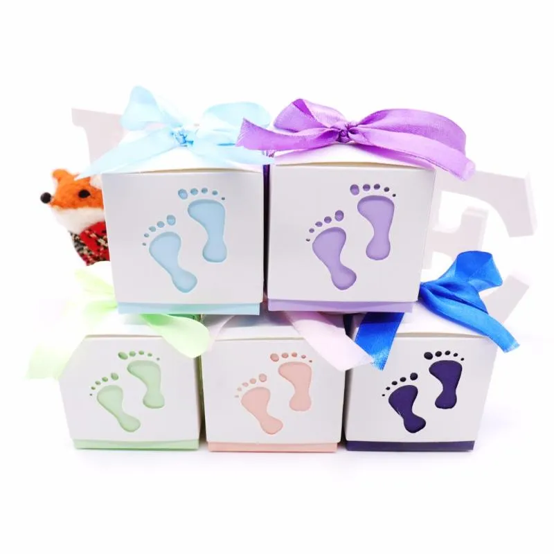 10st Baby Shower Baby Foot Candy Box Laser Cut-out Dusch Favor Gift Candy Box Presentkartong för Boy Girl Födelsedagsfest