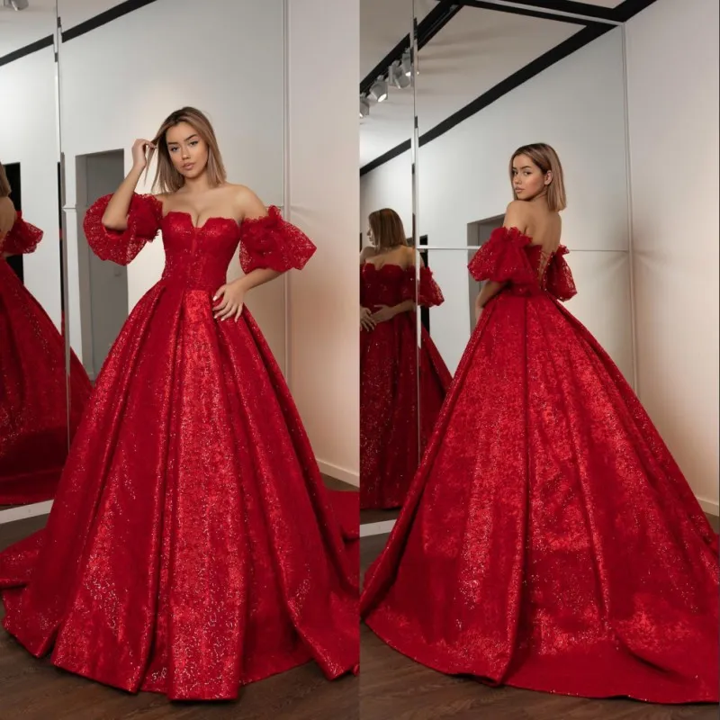 Elegant Red Sweetheart Evening Dresses Long Ball Gown Sequined Appliques Beaded Dresses Formal Long Women Prom Quinceanera Gowns