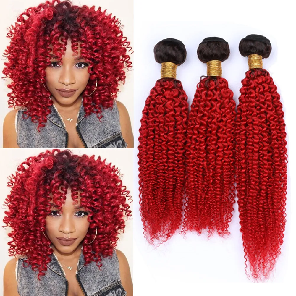 #1B Red Ombre Brazilian Curly Human Hair Bundles Black and Bright Red Ombre Kinky Curly Weaves Virgin Hair Extensions Dark Roots 300Gram