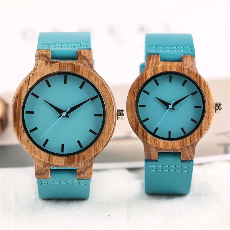 Luxury Royal Blue Wood Watch Top Quartz Wristwatch 100% Natural Bamboo Clock Casual Leather Band Valentine's Day Gifts For Me186Q