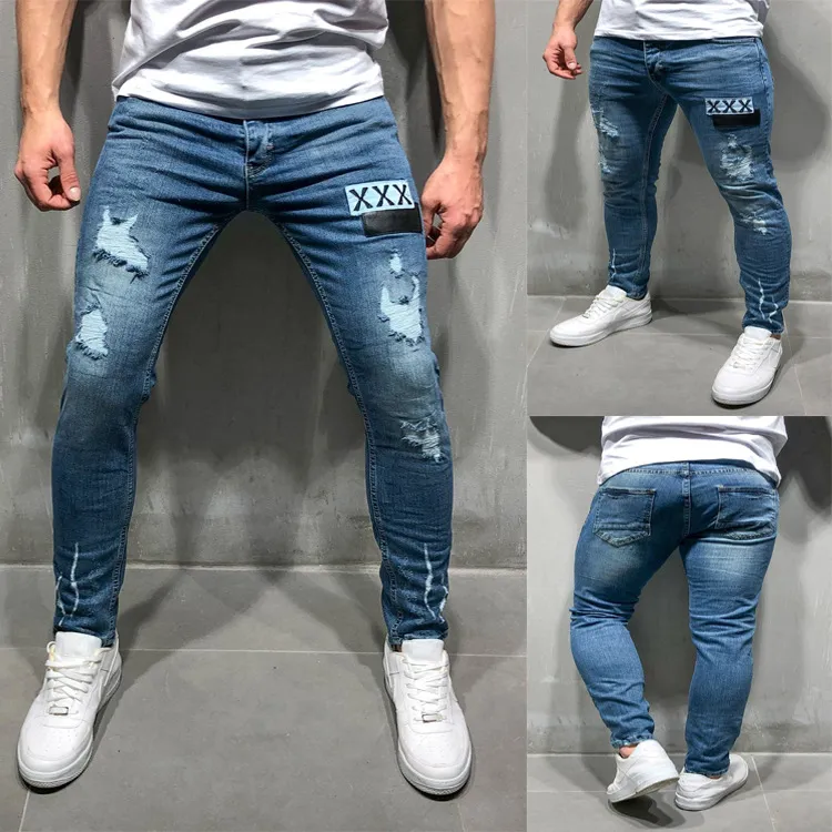 Herren Gerade Overalls Broeken Mannen Calcas Masculina Jeans Stretch Männer Jean Loch Mark Männer Jeans mit Patches Tejanos Hombre