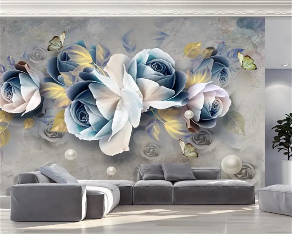 Papier peint imprimé numérique 3d, rose en relief stéréo, décoration murale rétro européenne pour fond de télévision, peinture, revêtement mural