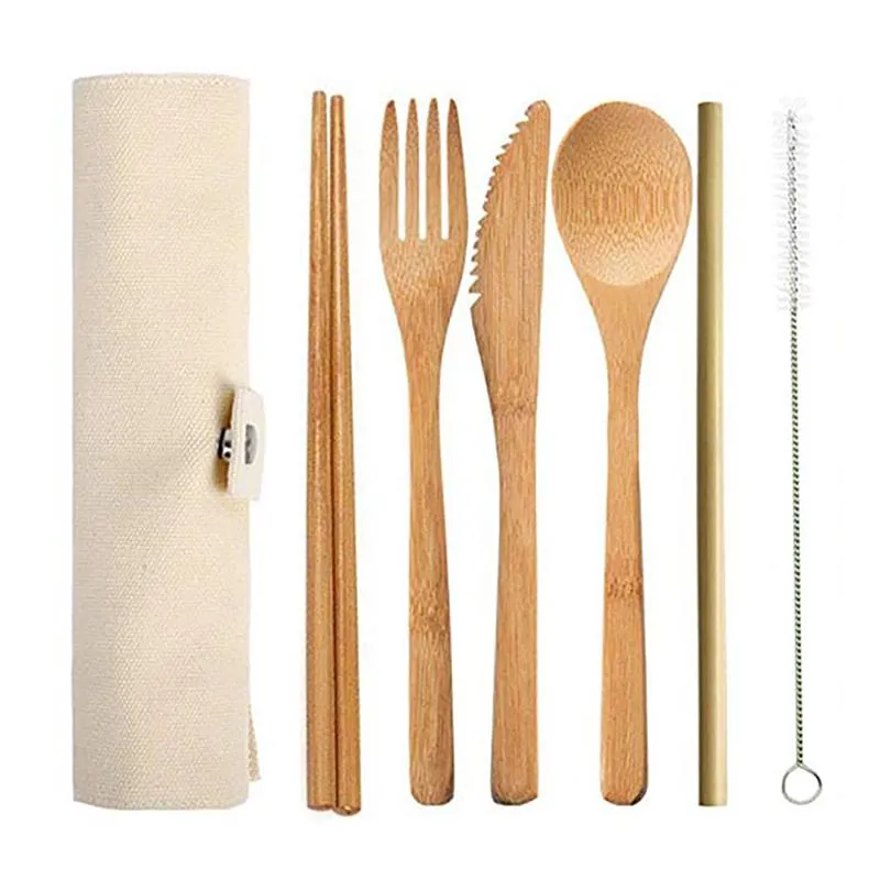7pcs / set Bamboo Faqueiro de madeira talheres Set Faca japonesa garfo colher Straw Chopstick saco de pano de cozinha Cozinhar Ferramentas de viagem