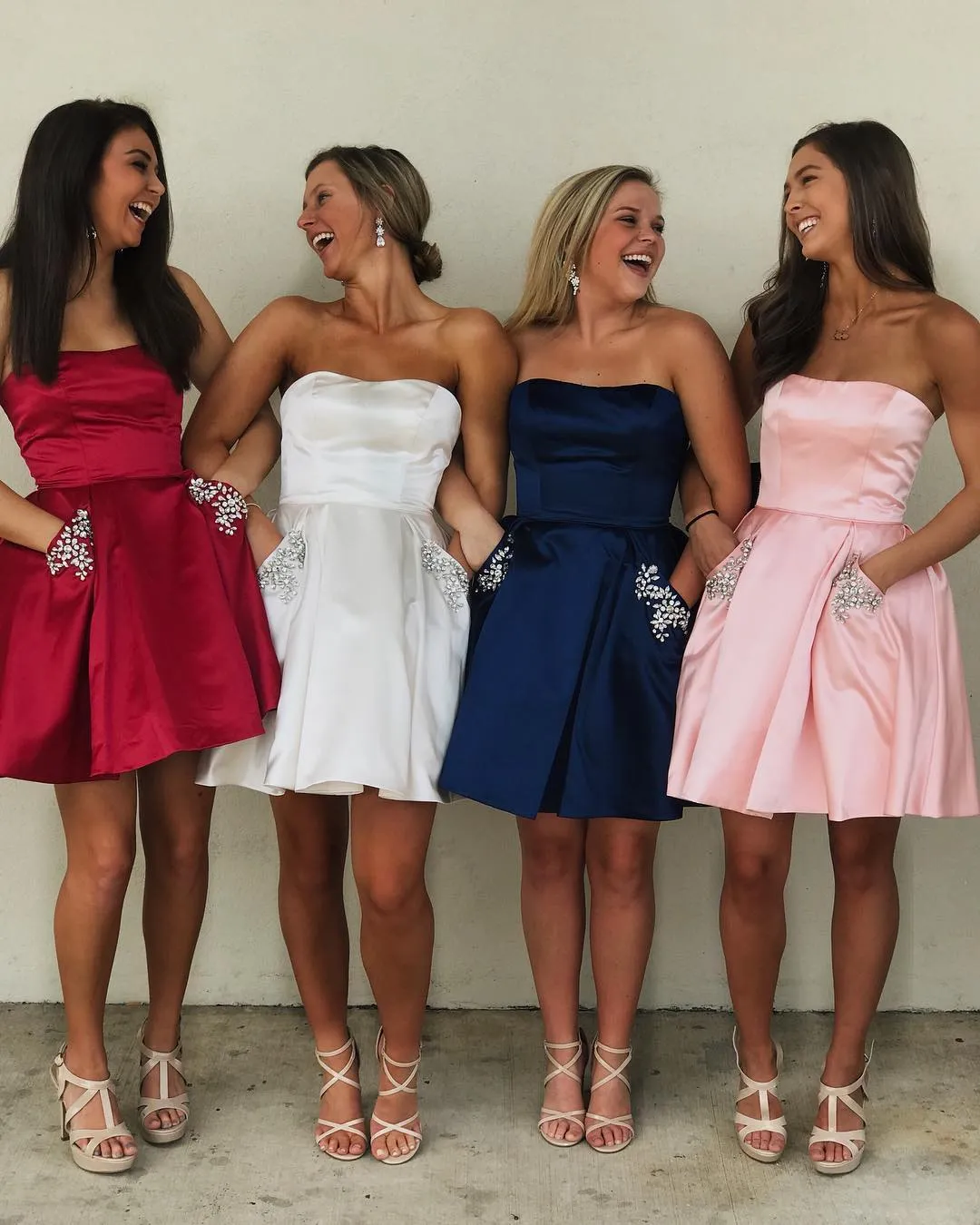 Cute Homecoming Dresses 2019 A Line Strapless Neck Pockets Real Photos Short Lady Party Dress Pink Red White Navy Graduation Dress in Stock