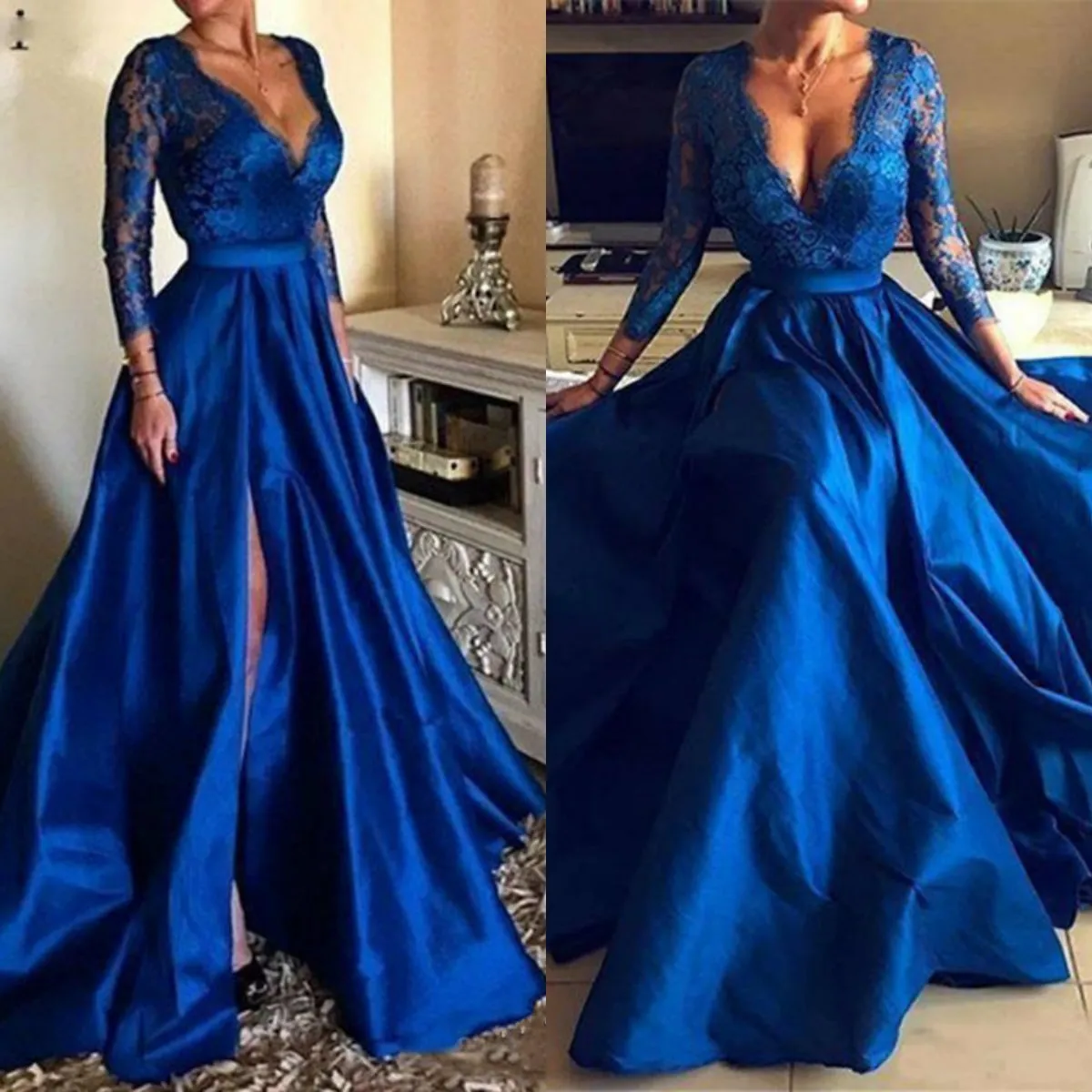 Robes de bal bleu royal manches longues côté fendu dentelle appliques élégantes robes de soirée en satin 2020 sexy col en V profond a-ligne robe de soirée