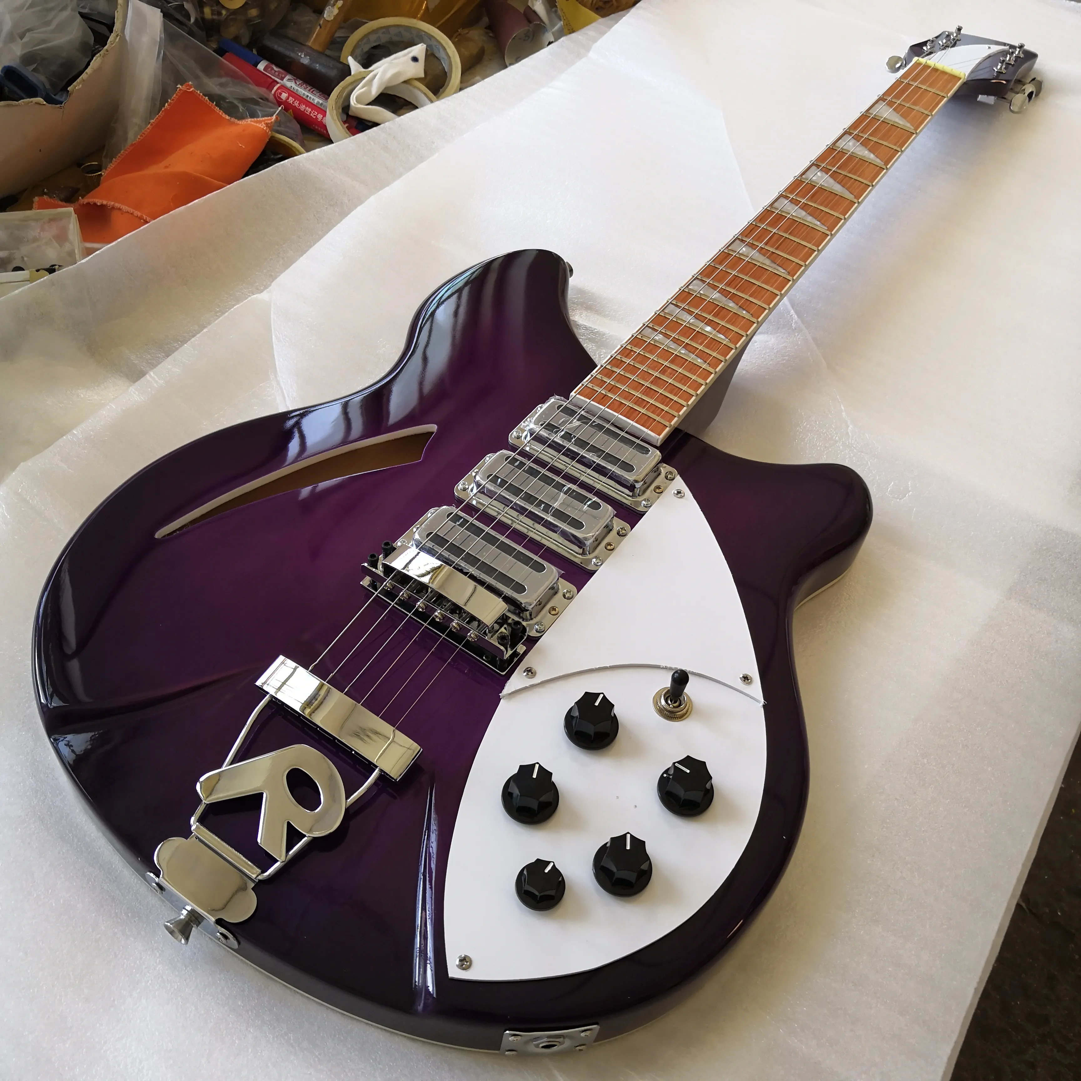 R 6 String Semi Hollow Body purple Electric Guitar Single Hole, White MOP Triangle Fingerboard Inlay
