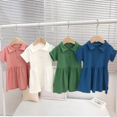 Meisjes jurk klassieke katoen polo revers midi rok snoep kleur korte mouw jurken zomer casual prinses jurk baby kinderkleding zyq193