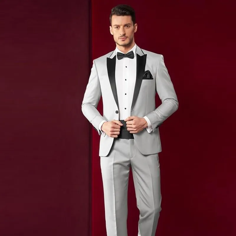 Fashion Light Grey Mens Wedding Tuxedos Black Peak Lapel Groomsmen Tuxedos Popular Man Blazers Jacket Excellent Suit(Jacket+Pants+Tie) 1527