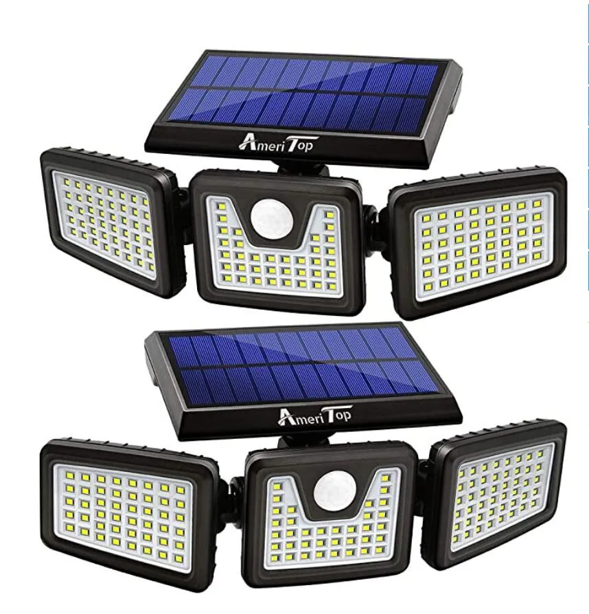 Lampes solaires extérieur AmeriTop 128 LED 800lm sans fil LED solaire capteur de mouvement Lumières extérieures 3 têtes réglables, 270 ° Grand angle d'éclairage