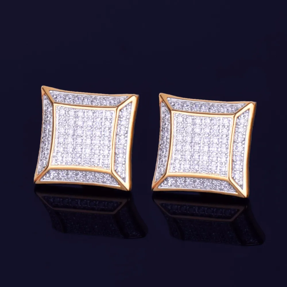 New 15mm Width Square Stud Earring for Men Women's Ice Out CZ Stone Rock Street Gold Star Hip Hop Jewelry Three Colors