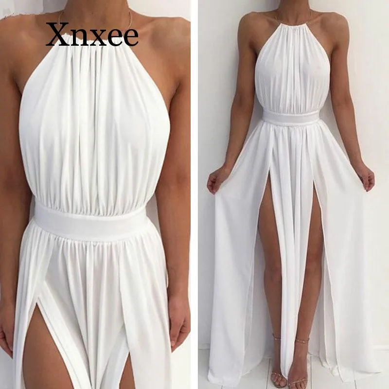 Vrouwen uit schouder chiffon witte jurk zomer rood strand boho maxi lange jurk elegante bruidsmeisje split feestjurken