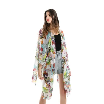 도매 - 새로운 여름 비키니 블라우스 비치 스카프 빛과 빠른 건조 여성 스카프 패션 열대 잎 무늬 쉬폰 선 스크린 어깨 걸이