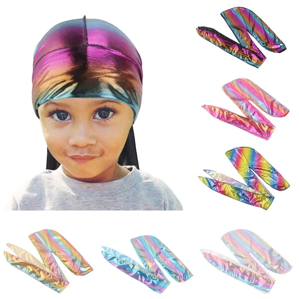 Enfants garçons fille Pirate casquette soie Laser Durag Bandana chapeau Wrap longue queue chapeaux écharpe islamique Doo Rag chimio Skully chapeau Turban