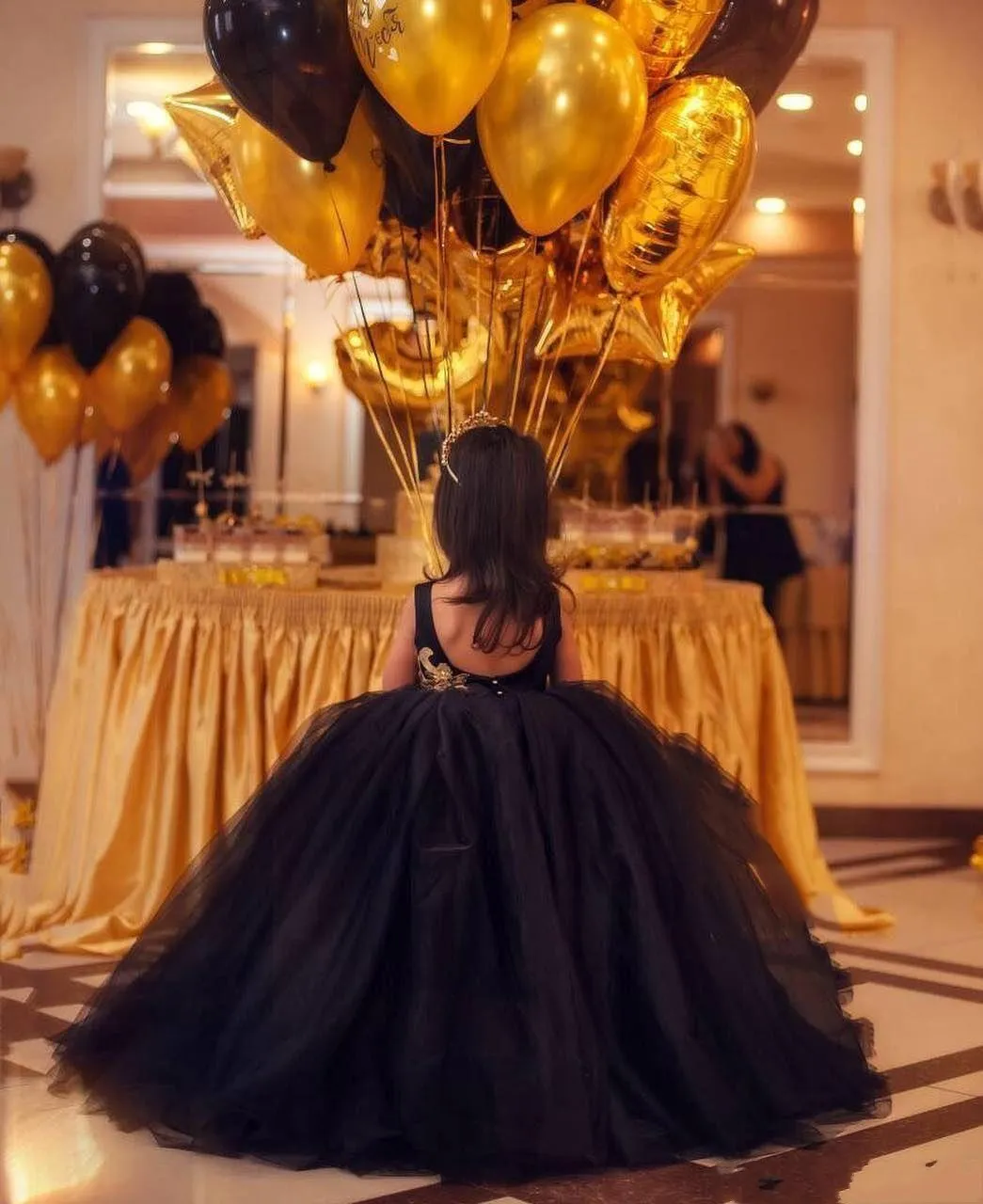 Black Gown Communion Dress with Train with Gold Applique, Puffy Ruffles, and High-Low Hemline - Perfect for Weddings, Birthdays, Pageants, or Princess