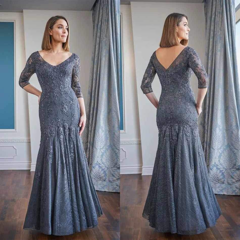 Jasmine Mother of the Bride Dresses 2021 V Neck 3/4Long Sleeves Lace Appliques Sequins Evening Gowns Floor Length Wedding Guest Dress