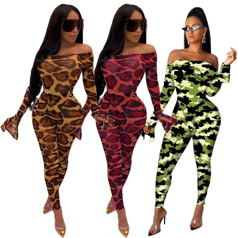 Mesh Sheer Leopard Camouflage Two Piece Set Women Festival Clothing Sexy Rompers Top Pant Matching 2 Piece Club Outfits