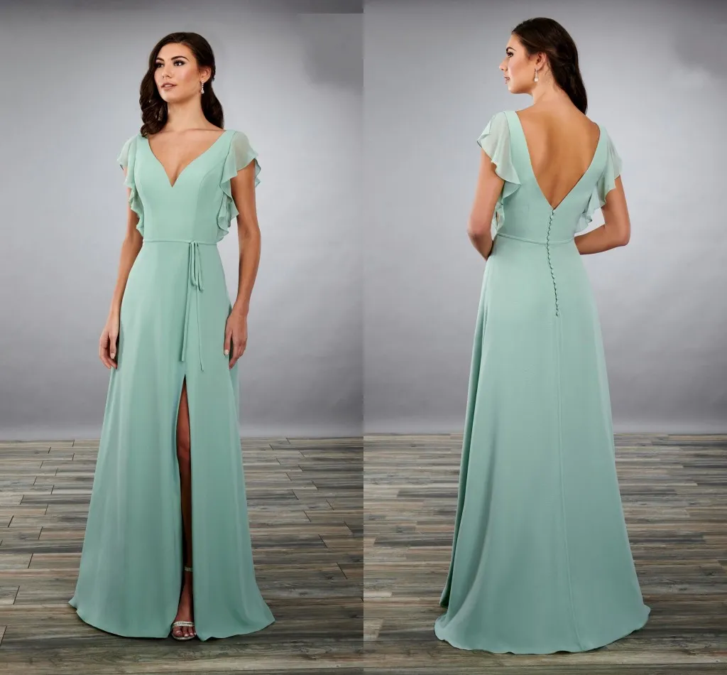 2020 Sage Thigh High Split V-neck Bridesmaid Dresses Prom Evening Gowns Sage Color Draped Sleeves Backless Formal Dress Girls maid of honor