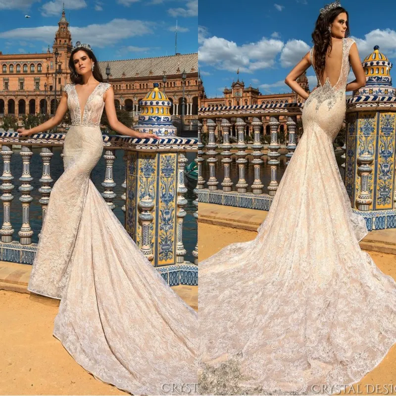 2022 Gorgeous Lace Mermaid Wedding Dresses robe de mariage V Neck Sleeveless Beading Crystal Court Train Backless Beach Bridal Gown BC1806