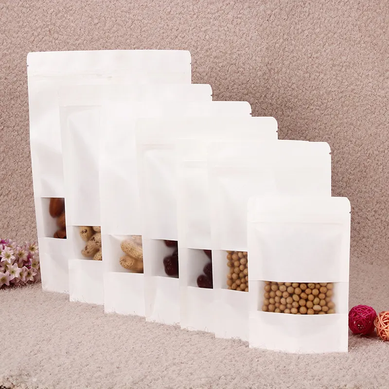 50 stks White Matte Venster Zelfondersteunende Kraft Papieren Bag Bloem Thee Noot Spot Coffee Self-Sealing Food Kraft Papieren Bags