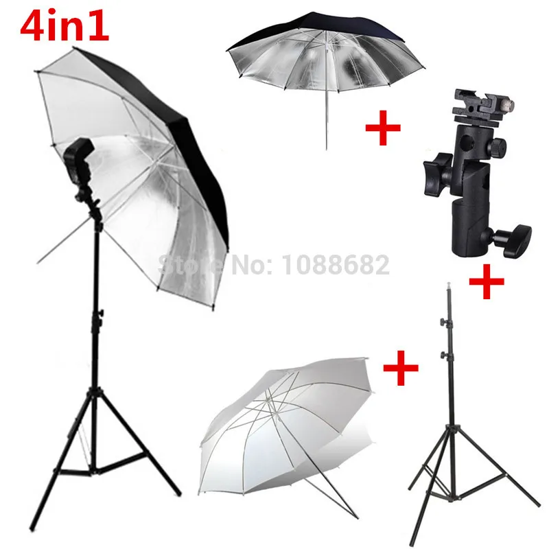 Freeshipping 4-in-1-Fotografie-Beleuchtungsset, ausziehbares Lichtstativ, Stativ + E-Typ-Blitzschuhhalterung + 33-Zoll-weicher und reflektierender Regenschirm