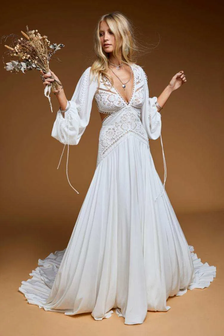 2020 Bohemian Свадебные платья Глубокий V шеи Hollow задняя нога Сплит с длинным рукавом свадебные платья Sweep Поезд шифон Boho платье невесты