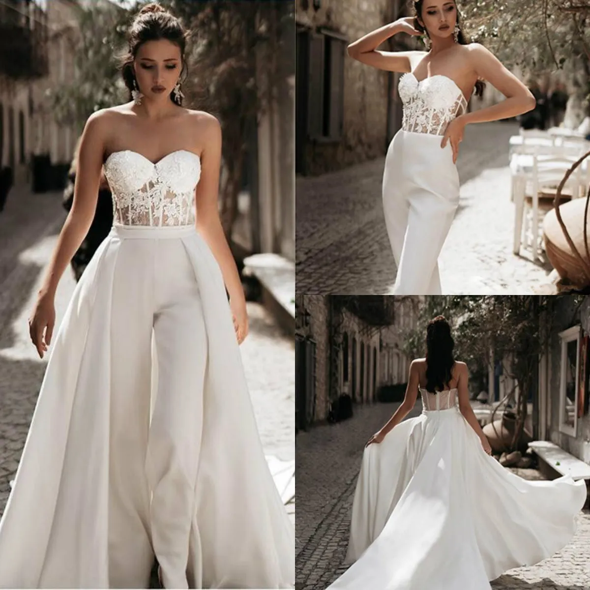 Modest Jumpsuit Wedding Dresses with Detachable Train Sweetheart Pants Bridal Gowns Satin Lace Appliques Beach Wedding Dress