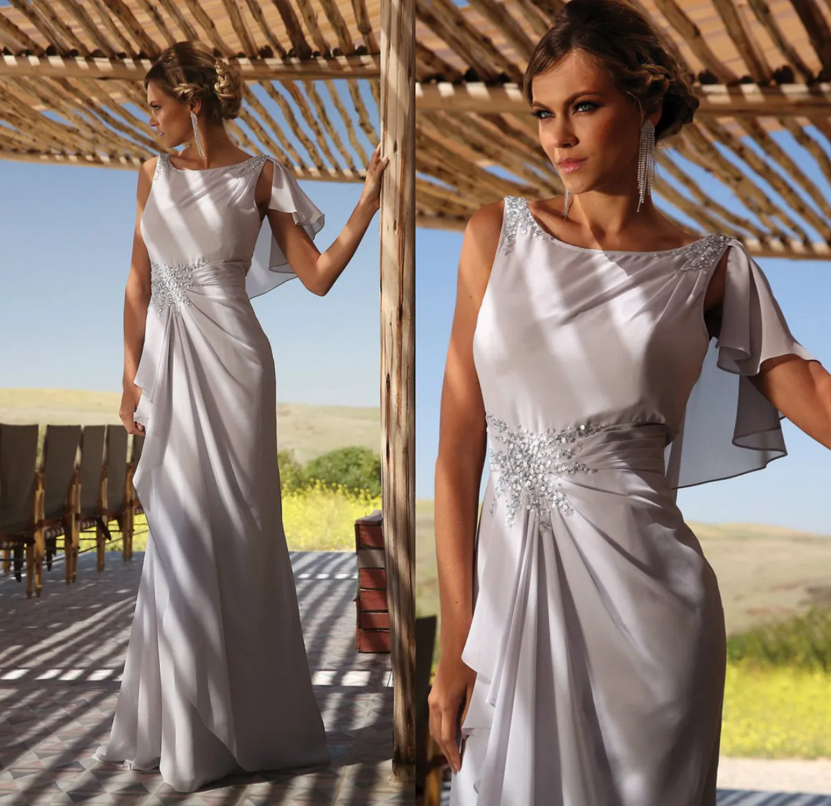 Chic Grey Mor of the Bride Dresses Jewel Neck Sekvensins Chiffong Golv Längd Plus Storlek Evening Kappor Custom Made Bankett Dress